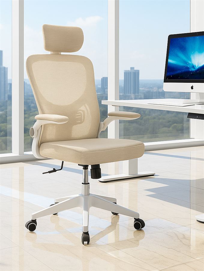 כסא מנהלים עם ידיות מתכווננות ומשענת ראש דגם XP-32 צבע לבן-חאקי במכירה מוקדמת 21 ימי עסקים